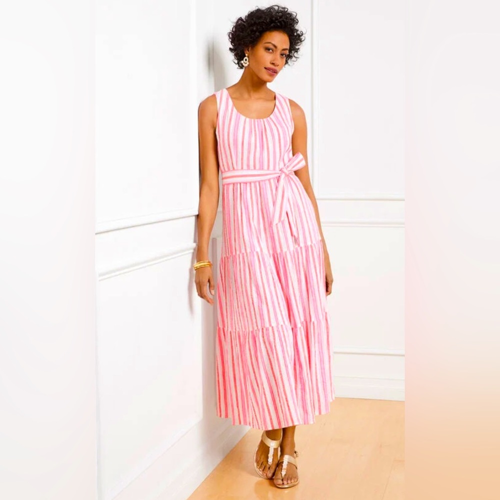 Sleeveless Pink Striped Tiered Midi Dress with Waist Tie